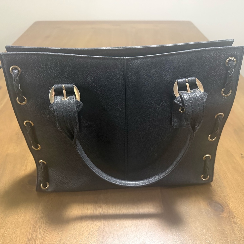 Structured Black Satchel with Gold-Tone Hardware